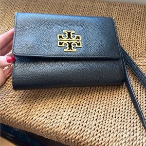 Tory Burch Black Leather Clutch with Gold Logo